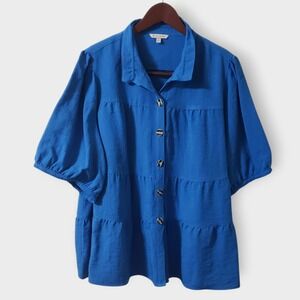 NWT John Mark Blue Tiered Button Front Blouse Top Puff Sleeve 1X Cerulean Rayon